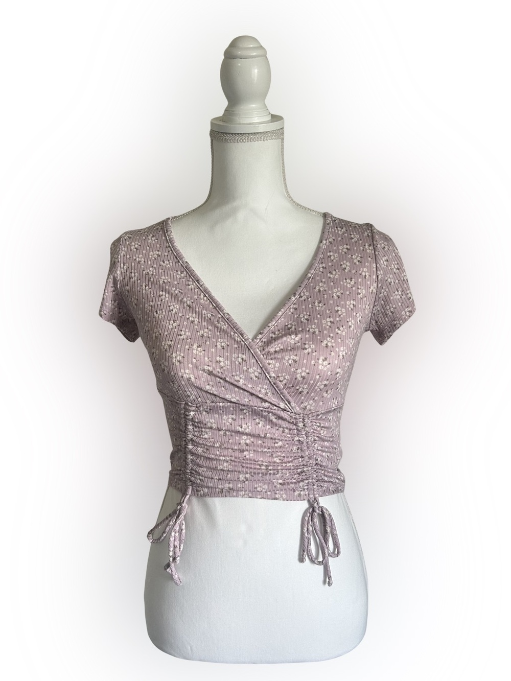Y2K 90s Ruched Pink Floral Women's Short Sleeve Top Fairy Grunge Coquette Ballet